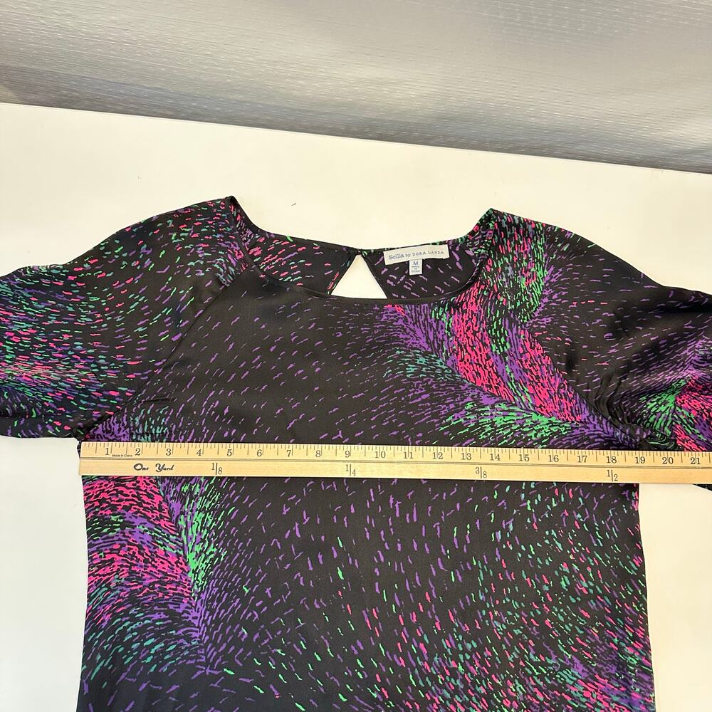 Scilla Womens 100% silk Long Sleeve Top Sz M Blouse Black Artsy Firework Fairy - Picture 10 of 11